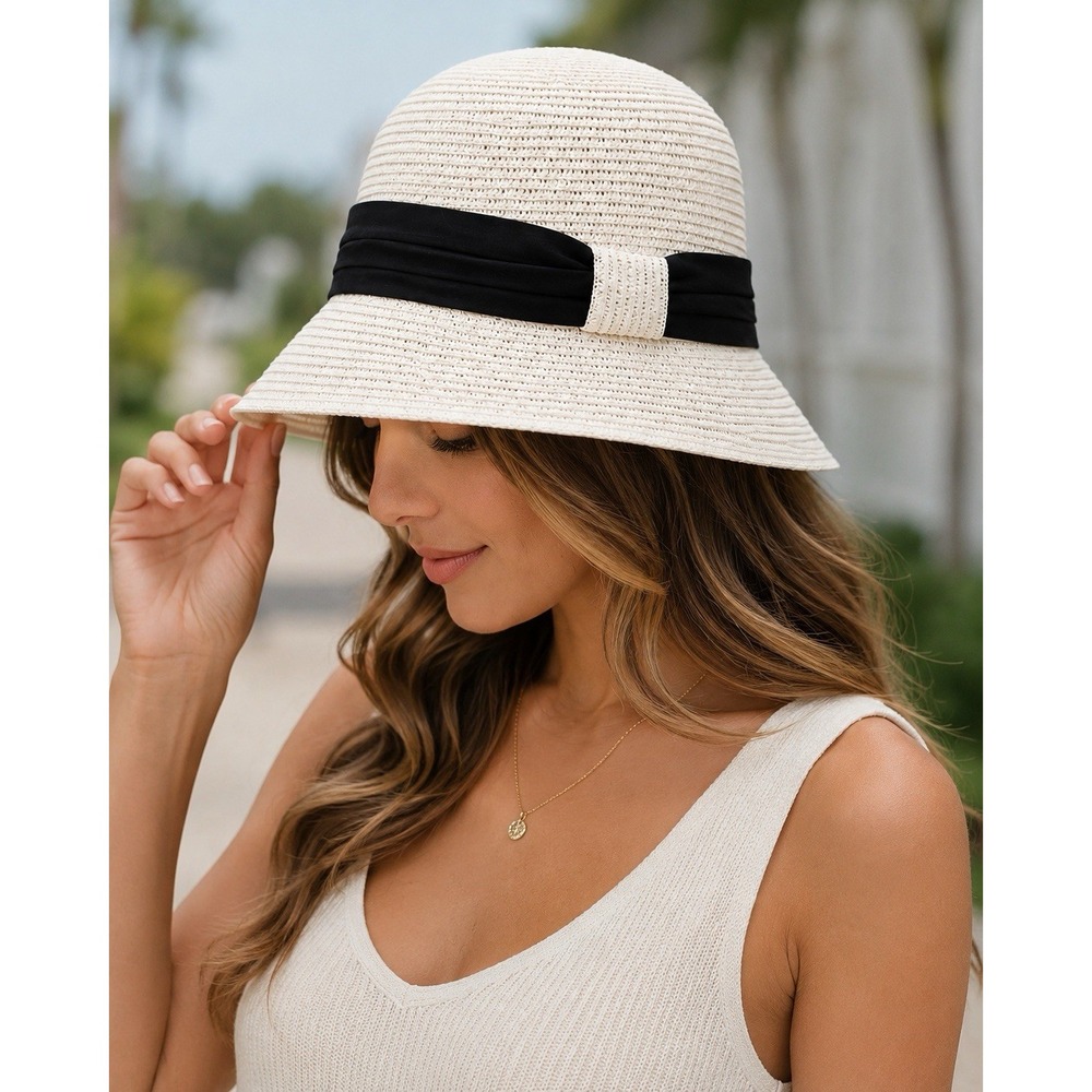 C.C. Exclusives Women's White Paper/Poly Straw Cloche Bucket Sun Hat Black Band2